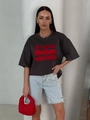 Oversized dark grey cotton T-shirt with red letter print and light blue denim shorts - S / Dark Gray