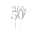 Silberner Glitzer 'Hello 50!' Tortenstecker mit Holzstäben für den 50. Geburtstag - Hello 50! / Silber