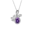 Elegant silver necklace featuring a purple oval stone with a crystal bow pendant - Purple Diamond Necklace Xl-112