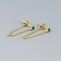 S925 silver gold-plated chain earrings with round green zircon stones in a French style - Gold (Green Stone)