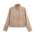 Beige faux suede jacket with stand collar and button closure in a flat lay view - L / Khaki