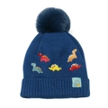 Detail of navy knit kids beanie with colorful dinosaur embroidery and a fluffy pom-pom - M (52-54cm) / Blue
