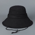 Detail of black cotton linen sun hat with wide brim and adjustable chin strap - M (56-58cm) / Black