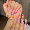 Uñas postizas cuadradas extra largas con degradado rosa, remolinos de colores y pedrería fina - Estilo de Pedrería Degradado Mágico-Tipo Pegamento(SGCY-156)