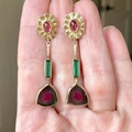 Elegant gold flower drop earrings with colorful tourmaline style crystals and red gems - Style A (Floral Gemstone & Watermelon Tourmaline Look)