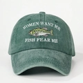 Vintage grüne gewaschene Baumwoll-Baseballkappe mit Women Want Me Fish Fear Me Stickerei - Dunkelgrün