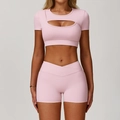 Pink two-piece yoga set with cutout crop top and cross waist high-rise shorts - S / Top And Bottom / Short Sleeve + Shorts / Peach Pink