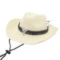 Detail of woven straw cowboy hat featuring ethnic ribbon and retro bull head ornament - Cream