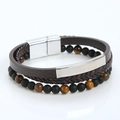 Detail of multi-layer leather bracelet with tiger eye beads and silver magnetic clasp - Coffee + Silver Clasp