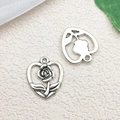 Vintage silver alloy heart charms with embossed rose detail for DIY jewelry making - Heart Shape Flower / 15x19mm