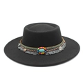 Black felt boater hat with wide brim and bohemian ethnic ribbon with coin charms - M (56-58cm) / Black