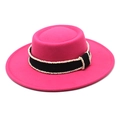 Detailed close-up of hot pink wool felt boater hat with beaded black ribbon band trim - Rose Red