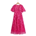 Robe longue rouge rose élégante avec col en V, fleurs 3D et manches bouffantes - S / Rose Rouge