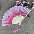 Traditional bamboo folding fan with pink butterfly pattern and matching silk tassel - No.09 Pink Gradient Flower Butterfly