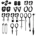 20-piece black stainless steel earring set featuring studs, hoops, and punk style charms - Black Feather Taper Safety Pin Combination (36015)