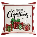 Merry Christmas pillowcase with red striped borders and colorful gift box illustrations - 45x45CM (No Core) / 3602-3 Merry Xmas Gifts