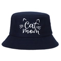 Detail showing Cat Mom embroidery and white line art on a navy blue cotton bucket hat - Adjustable / Navy Blue