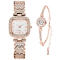 Elegant rose gold square watch and bracelet set with white rhinestones on plain background - Rose Gold + Bracelet