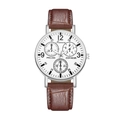 Mens quartz chronograph watch with white dial, silver case and brown leather strap - White Dial Brown Strap Chronograph Style