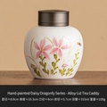 Miniature ceramic tea jar with hand-painted daisy and dragonfly motifs and alloy lid - Hand Painted Daisy & Dragonfly - Alloy Lid Jar