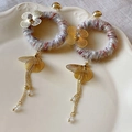 Gold hollow hoop earrings with wool wrap and flower tassel on a white ceramic plate - 44# Silver Earring Post - Gold - Flower