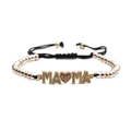 Close-up of MAMA heart charm bracelet with gold silver rose gold beads and red zircon - Gold Silver Rose Gold Tri-color Beads With Black Rope