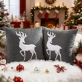 Set of two dark grey velvet pillow covers with white reindeer embroidery for Christmas - Grey Applique Embroidery Rabbit Fur Reindeer/Grey