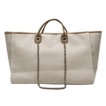 Beige Stoff-Shopper mit braunem Lederbesatz und silberner Gliederkette - Groß / Khaki