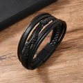 Pulsera multicapa de cuero negro para hombre con pluma de zinc y cierre magnético - Cuero Negro Hebilla Negra