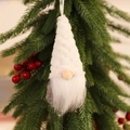 Close-up of a Christmas gnome ornament with white plush hat hanging on a green tree branch - Knitted Hanging White Style C