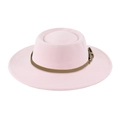 Detail of pink wool felt hat featuring a wide brim and brown leather belt with gold buckle - One Size(58cm) / Pink