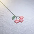 Handmade crochet puff flowers in pink and white with green leaf on long stem - Deep Pink