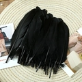 Macro detail of natural black goose feathers bunch on a woven mat for DIY craft decor - Stiff Black (50Pcs)