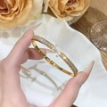 Luxury gold brass bangle featuring a pave-set zircon double-T motif and secure clasp - Double T Style / Gold