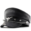 Black PU leather punk military cap with silver bull skull, studs, and chain accent - Adjustable / Rivet Bull Head Style / Black