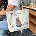 White canvas tote bag with artistic girl and cat illustration for women and students - Princess and Cat Print - Beige