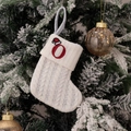 White knitted Christmas stocking with red letter O and mini Santa hat decoration - Embroidered Knitted Small Sock White O
