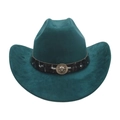 Teal western cowboy hat in suede texture with a golden lion head metal buckle decoration - One Size / Dark Green (Lion Head)