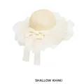 Elegant shallow khaki straw sun hat with organza ruffles and lace bow for women - One Size (54-58CM) / Beige