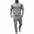Men's grey two-piece tracksuit with stand collar and white contrast side stripes - M / Light Gray