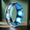 Blue titanium ring with golden dragon inlay over starry pattern in variant style - US 7
