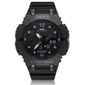 Rugged all-black octagonal sports watch with dual analog-digital display and silicone strap - Black