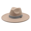 Macro detail of wide brim wool fedora with decorative striped band in khaki tone - M (56-58cm) / Light Purple Grey
