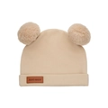 Beige baby knit hat with double faux fur pom poms and handmade leather patch - Beige (SS142-3)