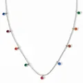 Silver bead chain necklace featuring colorful zircon pendants in red, blue, and green - Silver Necklace + Multi-color Zirconia