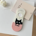 Pink and white cat pattern no-show socks for women with cute MIAO text embroidery - Boat Socks Pink