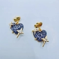Golden heart earrings with dark blue stellar glitter finish and sparkling rhinestones - Purple