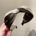 Elegant twisted headband in chocolate brown and cream satin fabric with a cross knot design - Brown White