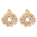 Close-up of handmade Bohemian woven stud earrings with rainbow beads and gold oval studs - Beige