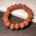 Rudraksha bodhi seed bracelet with deep texture and 15 brownish-red beads for meditation - UFO Shape 8-14mm (Single Loop)